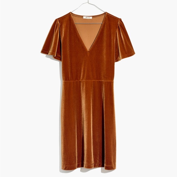 Madewell Velvet V-Neck Flutter-Sleeve Dress Golden Pecan Size XXL - Picture 1 of 7